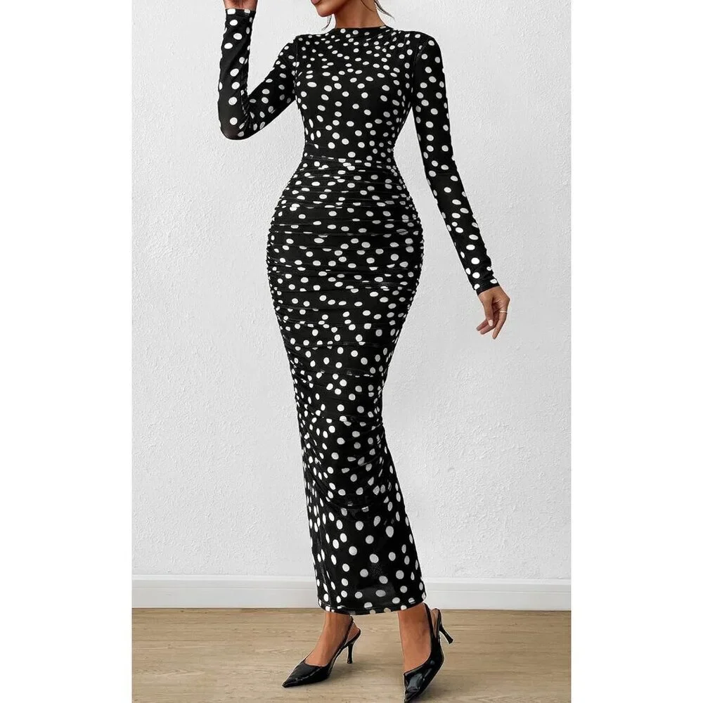 Women's Polka Dot Black Long Sleeve Spring Ruched Bodycon Floral Mesh Maxi Dress